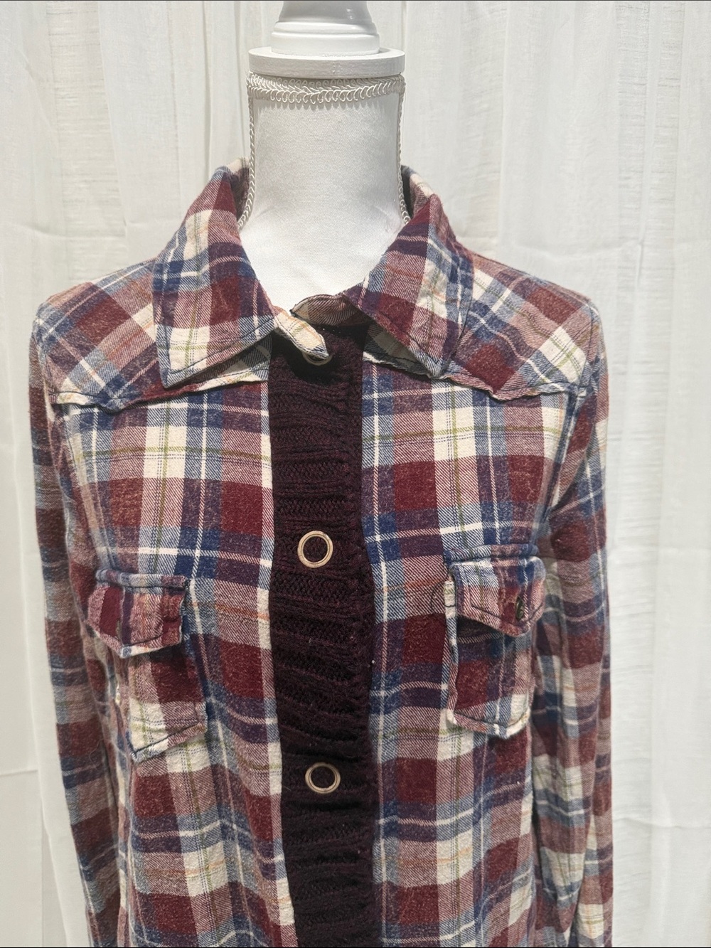 BKE Burgundy, Navy and Cream Plaid Button-Down Shirt - Picture 4 of 7